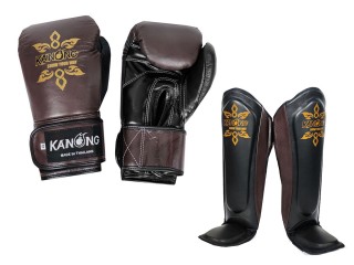 Kanong Gants Boxe + Protège-tibias Boxe Thaï cuir véritable : Brun/Noir